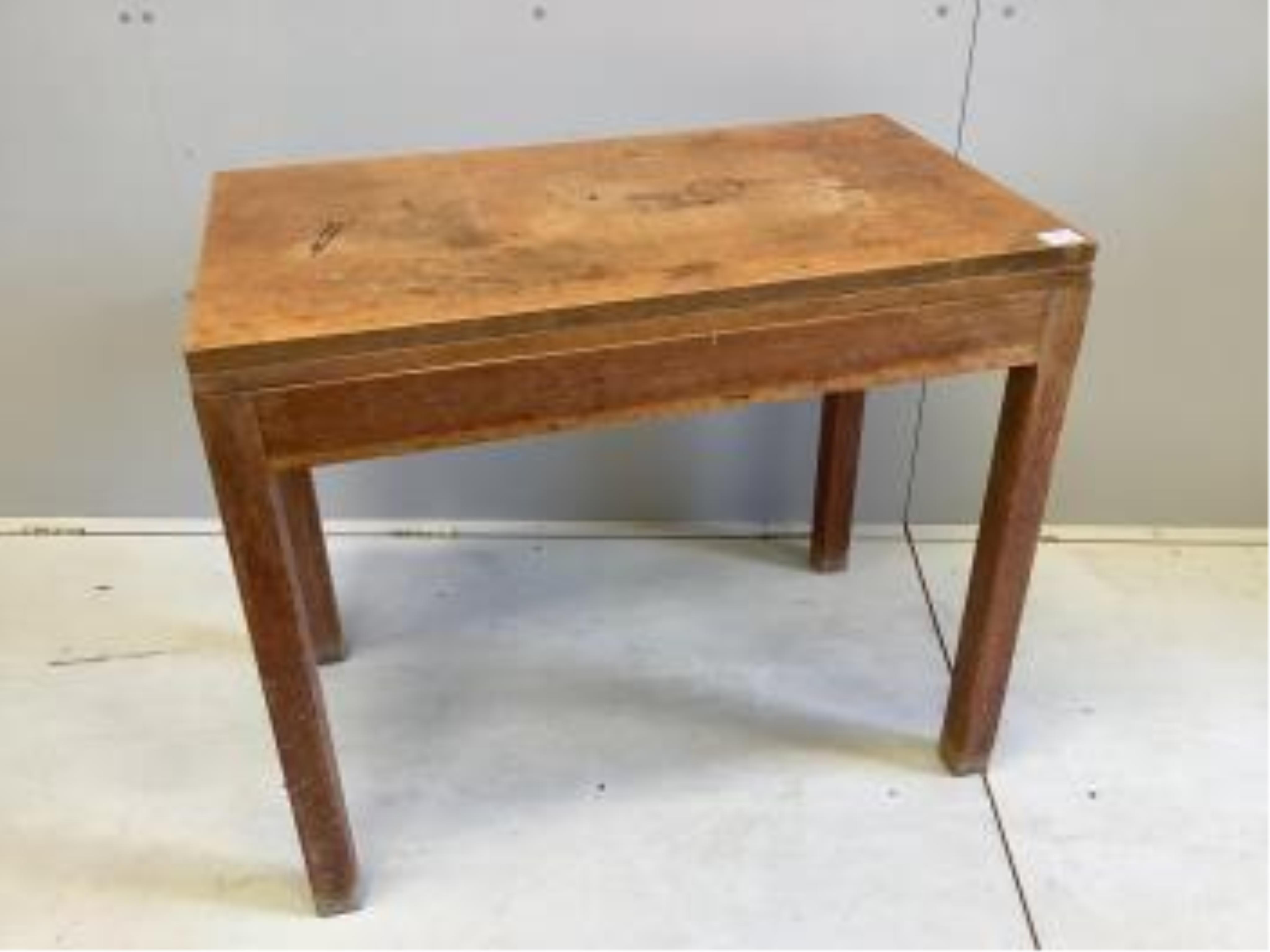 A mid century Stag C-Range oak and beech hinge top dressing table, width 88cm, depth 46cm, height 78cm, and a stool, and a mid century rectangular oak folding tea table, width 90cm, depth 52cm, height 77cm. Condition - f